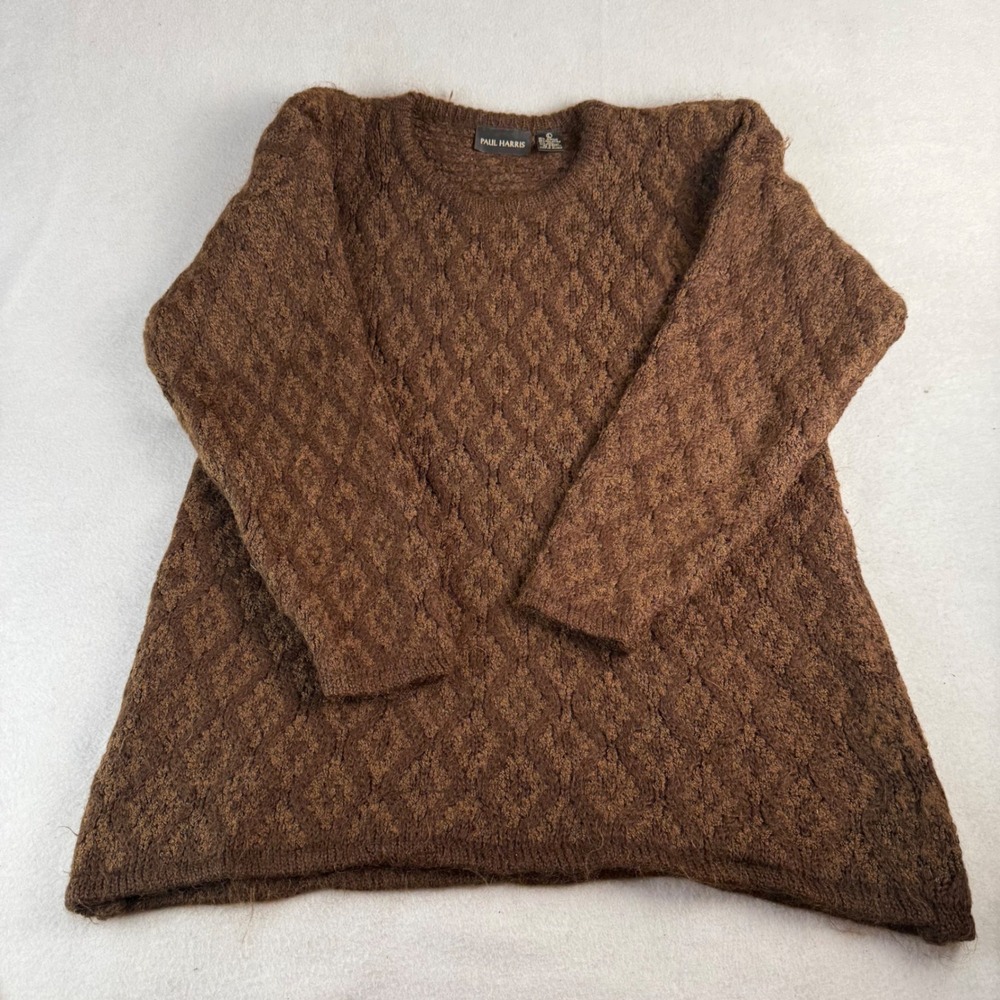 Paul Harris Vintage Mohair Wool Blend Brown Diamond Knit Sweater Womens Large